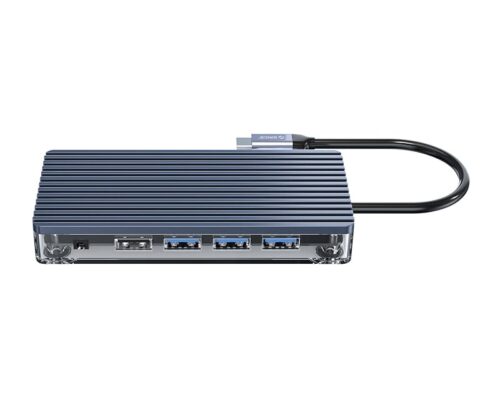Orico 11 Port 3 X USB3.0|1 X USB2.0|1 X HDMI|1 X RJ45|1 X Tf/sd|1 X Type-C|1 X VGA| 1 X Aux Transparent Hub – Grey