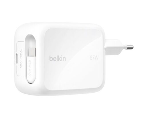 Belkin BoostCharge 67w 2-Port Retractable Type-C Wall Charger White