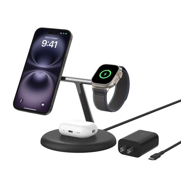 Belkin BoostCharge Pro 3-in-1 Magnetic Charging Stand with Qi2 Fast Wireless Charging White